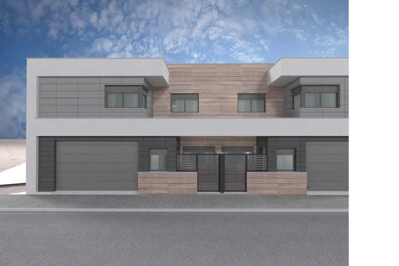 Representación 3D de una elegante y moderna casa con grandes ventanales y un diseño minimalista, con un cielo azul despejado de fondo.